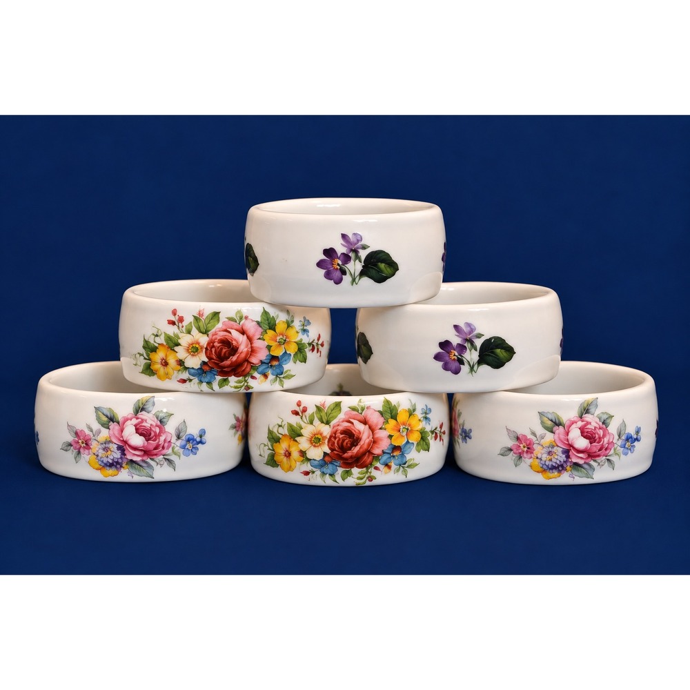 Vintage 1950s, 1960s Bone China England Floral Rose Napkin Rings - Set of 6